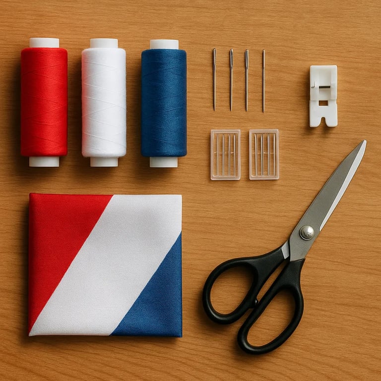 Flag repair sewing supplies including polyester thread spools, needles, and presser foot on a work surface