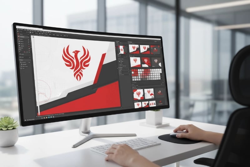 Flag design mockup creation showing professional graphic designer working on custom flag artwork with Pantone color codes and dimensional specifications