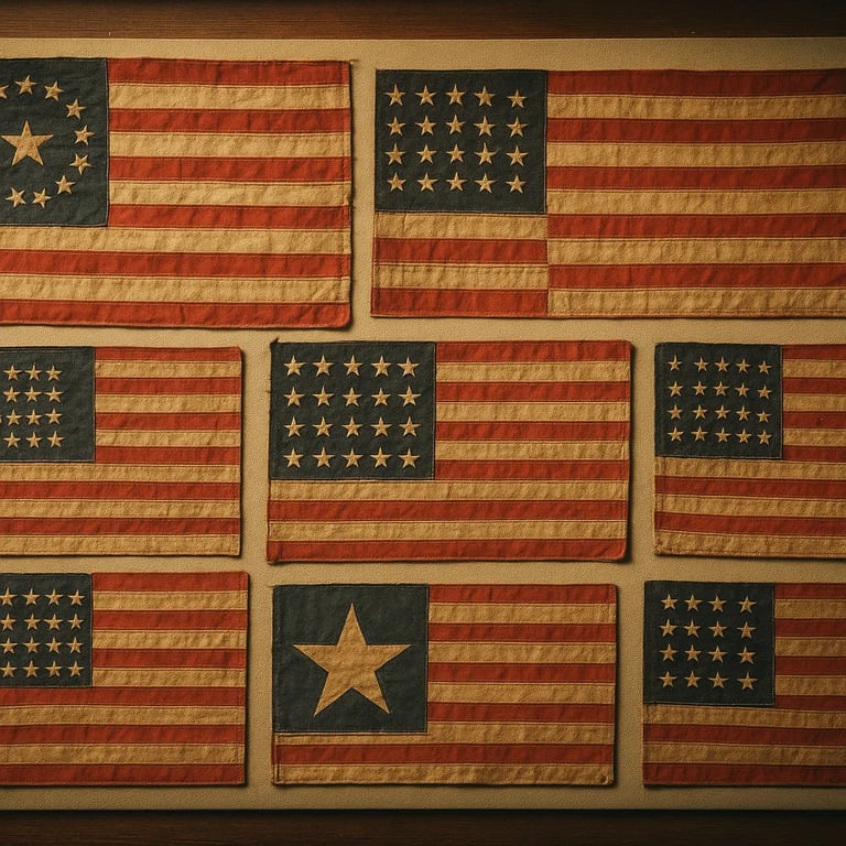 Multiple American flag versions from the 1800s expansion era showing different star arrangements
