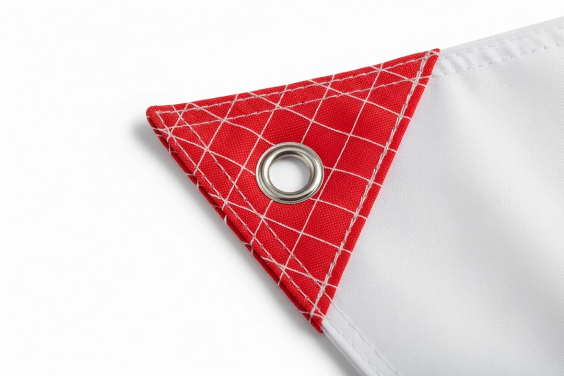 Outdoor advertising flag with vinyl reinforced corner patches built for extreme weather conditions, continuous sun exposure, and high-traffic commercial locations with maximum durability