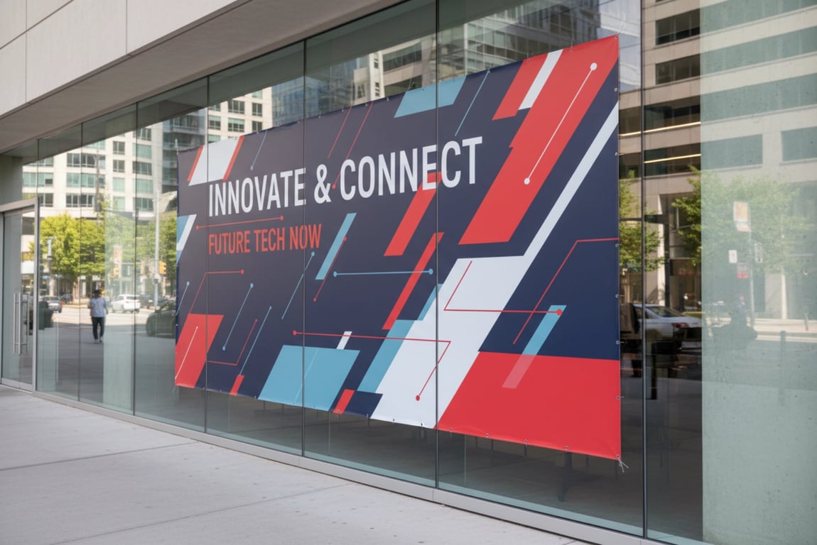 Retail storefront vinyl banner for window display and promotional advertising