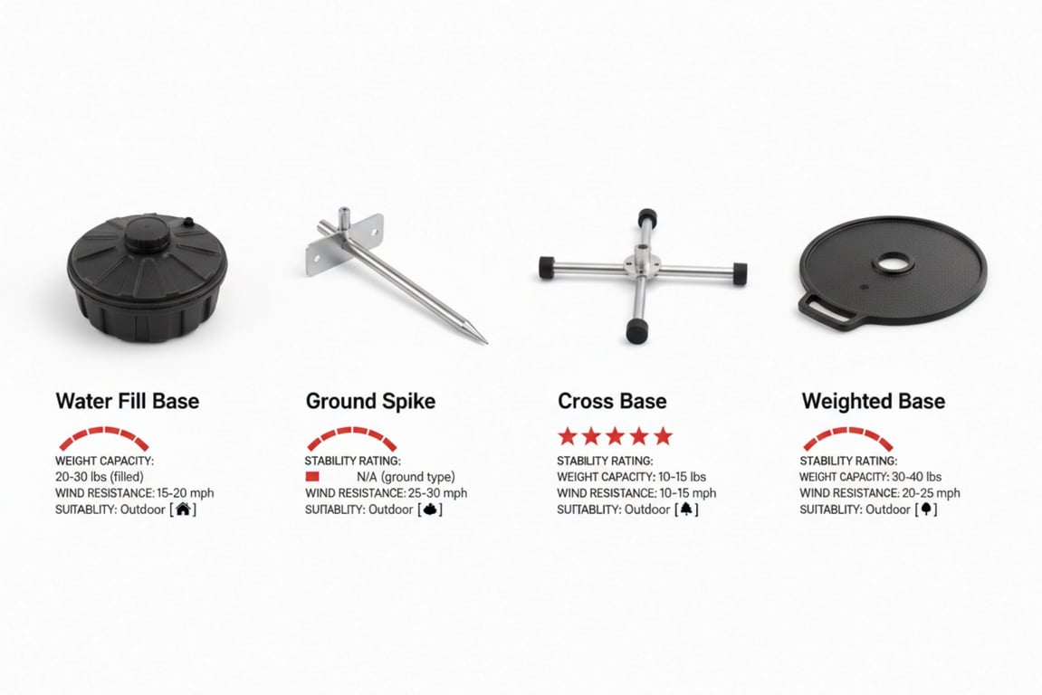 Feather flag base options comparison water fill ground spike cross base with stability ratings guide