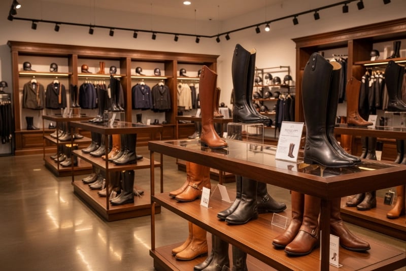 Retail store displaying wholesale riding boots from our manufacturer
