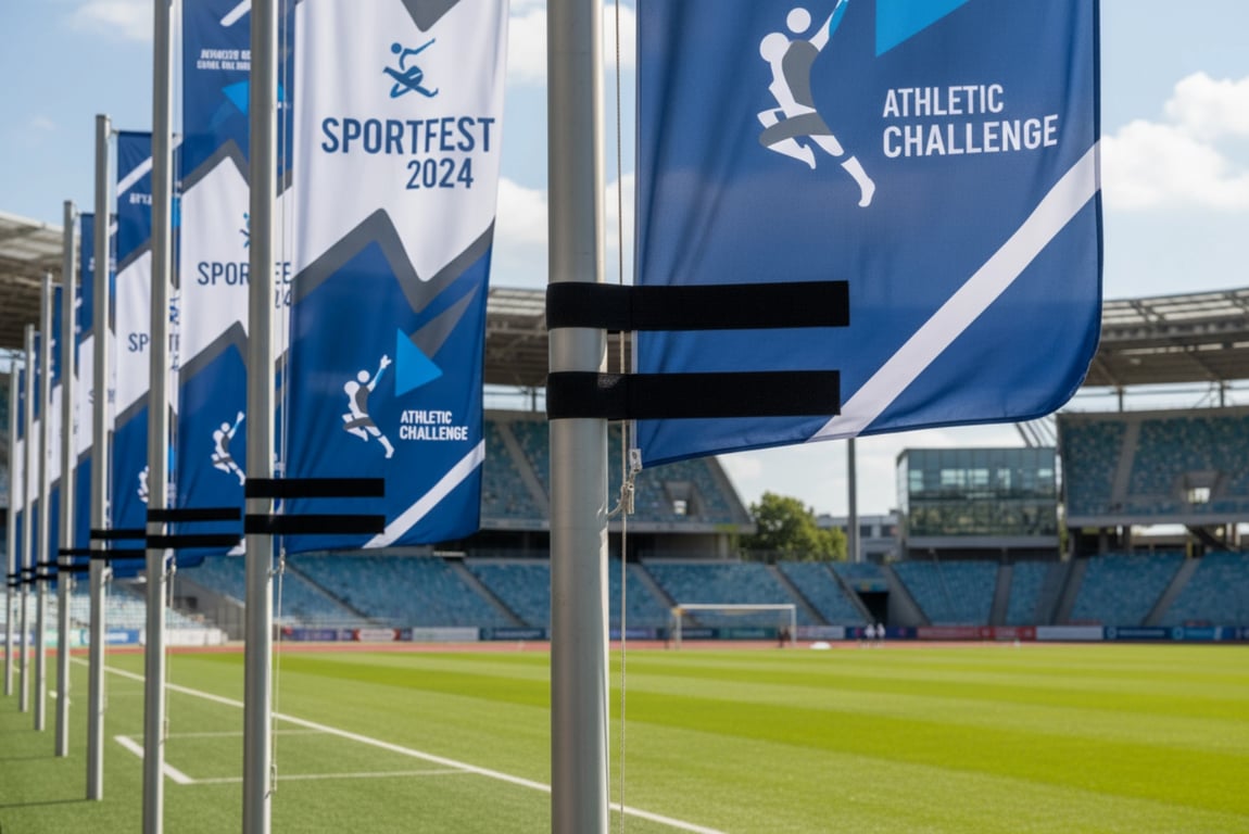 Custom sports event flags using heavy duty velcro strips for outdoor flag mounting at marathon with professional flag attachment system