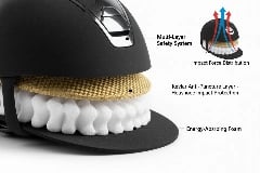 Kevlar anti-puncture layer in equestrian helmet shell for horseshoe impact protection