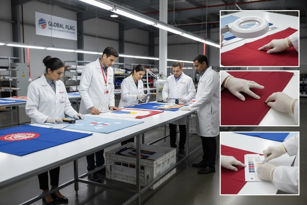 Quality control inspectors checking custom flag production standards and color accuracy