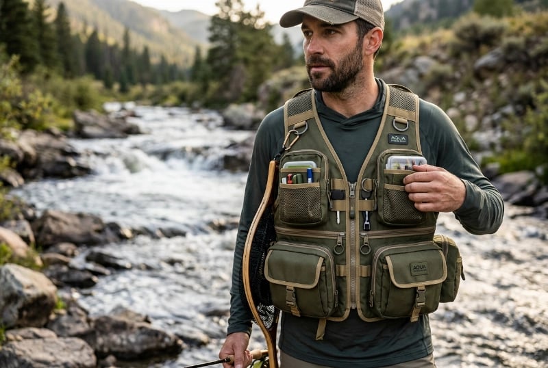 Heavy-duty pack fishing vest with extended storage for fly fishing