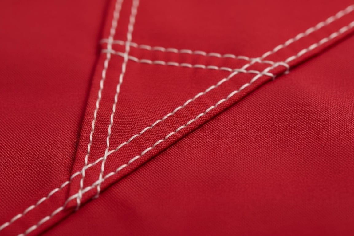 Trade show exhibition flag with custom shaped corner patches designed for booth displays and portable marketing materials requiring specialized reinforcement and professional appearance