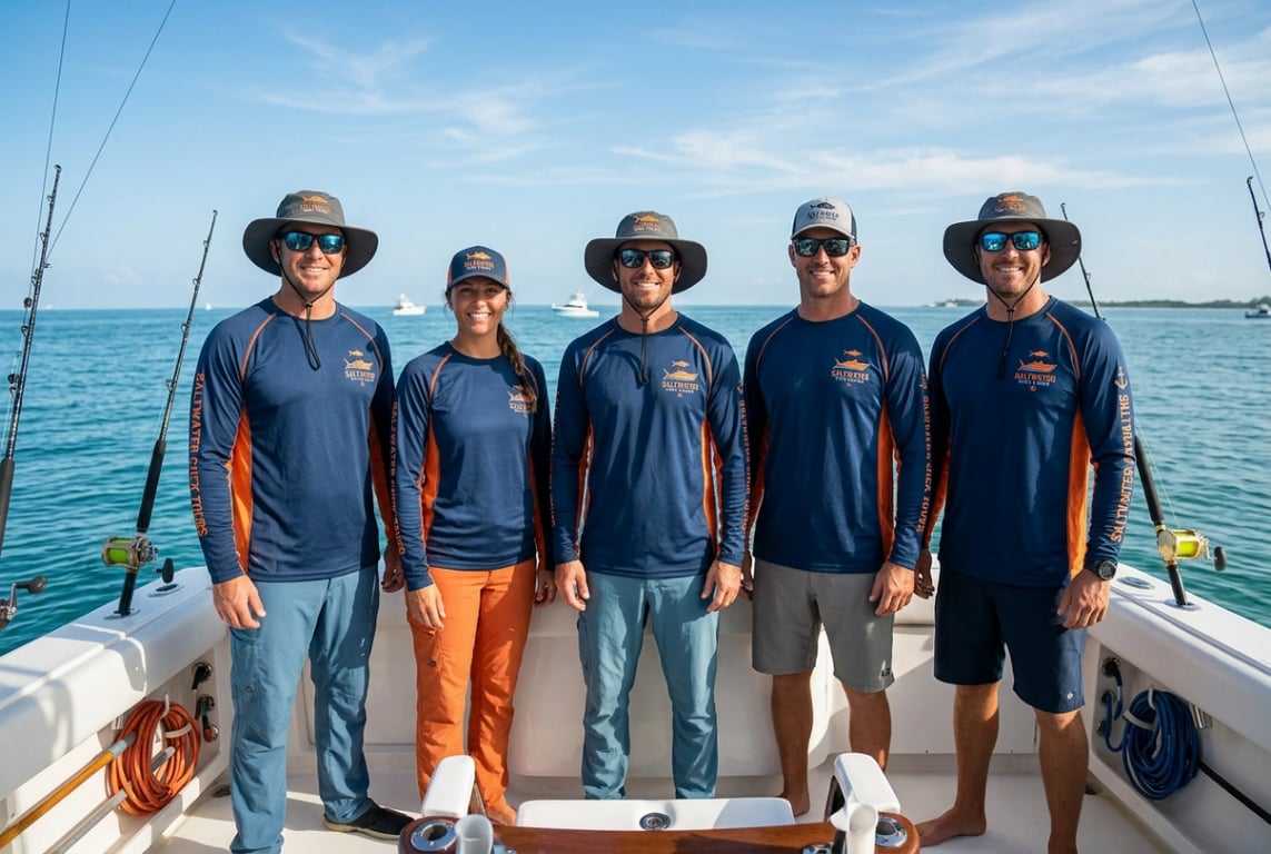 Charter boat crew wearing custom branded fishing uniforms