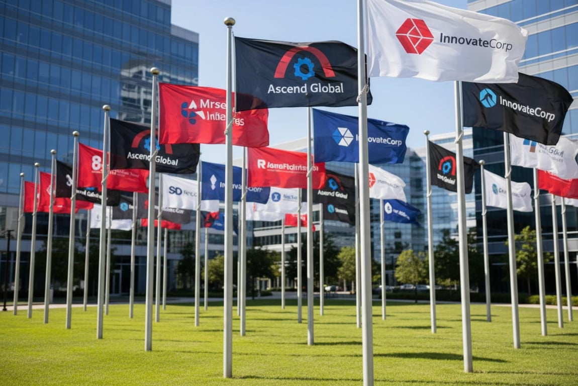 Company branded corporate flags - custom logo flags with exact color matching across continents