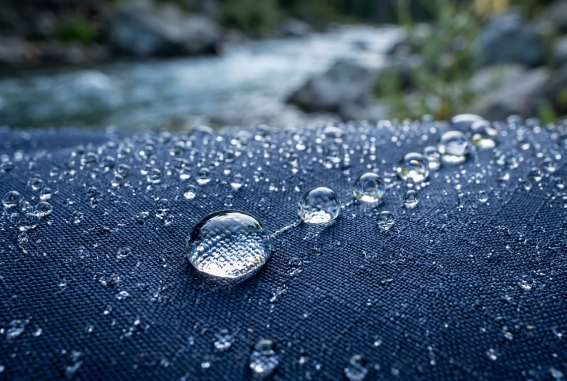 DWR durable water repellent coating on fishing apparel fabric - water beading closeup