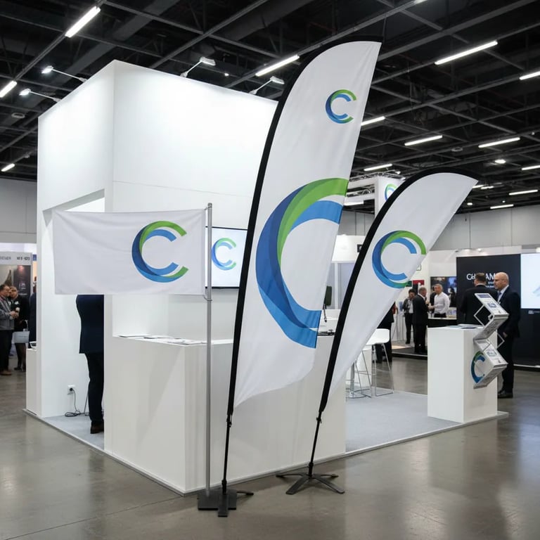 Three flag formats showing logo adaptation for rectangular feather and teardrop corporate flags