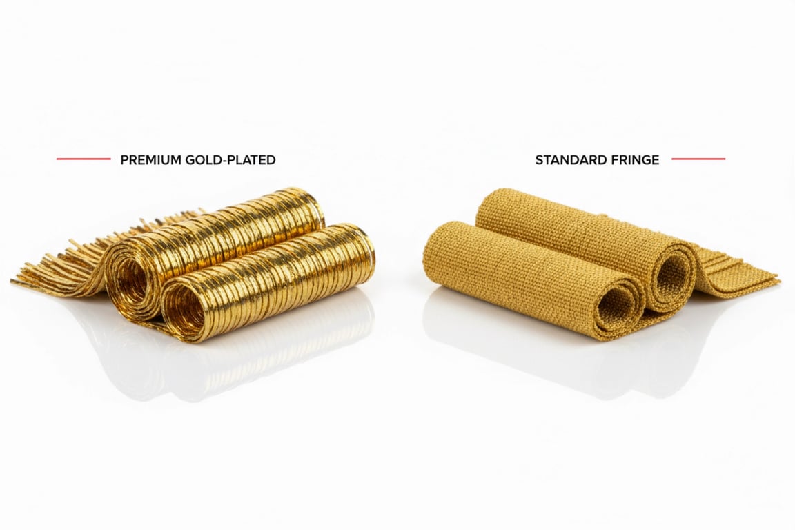 Premium vs Standard Flag Fringe Material Comparison showing quality differences