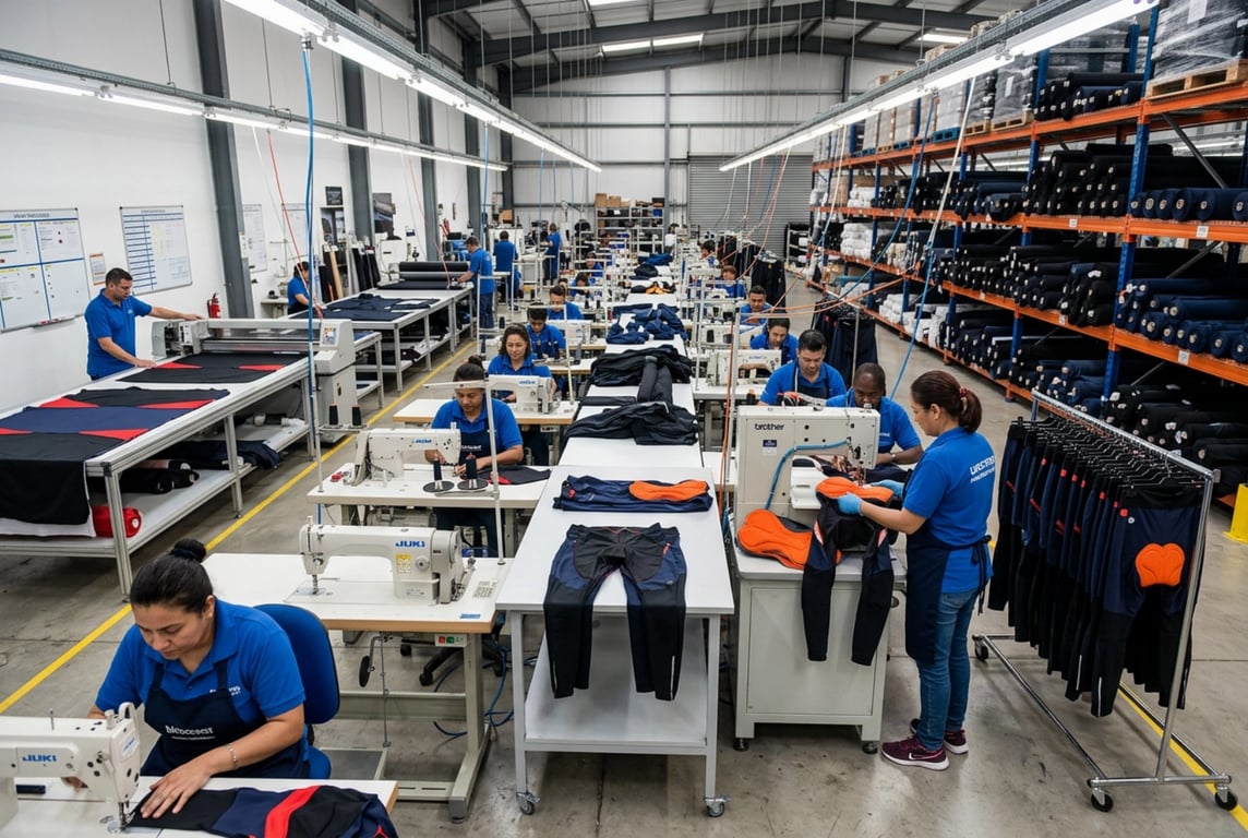 In-house cycling tights production capability — cut, sew and chamois assembly lines