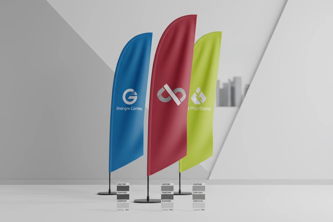 Custom brand color teardrop flags with exact Pantone matching for professional corporate identity and marketing