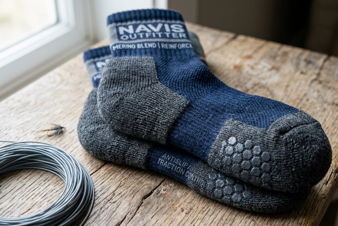 Reinforced heel and toe construction detail on fishing socks