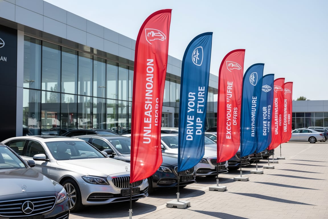Toyota car dealership 100 bold 13ft feather flags neon yellow NEW 2024 MODELS black background highway visibility 55mph high-contrast design placed every 10 feet visual wall busy highway 200 yards property frontage
