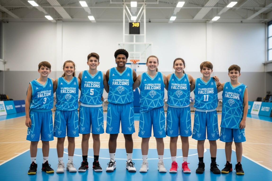Youth basketball league team in custom jerseys and uniforms