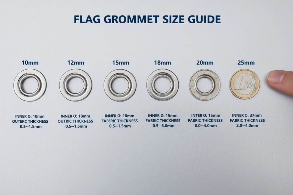 Flag grommet size chart showing 6 professional sizes (10mm, 12mm, 15mm, 18mm, 20mm, 25mm) with actual-size comparison next to coin and finger for scale reference, displaying inner diameter, outer diameter, and recommended flag fabric thickness for custom flags