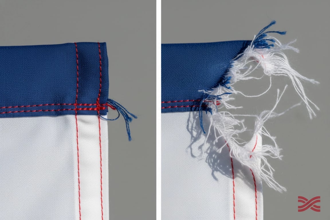 Worn single-layer flag corner patch showing fraying edges, color fade, and structural failure after 6 months of outdoor exposure demonstrating inferior durability compared to double-layer reinforcement