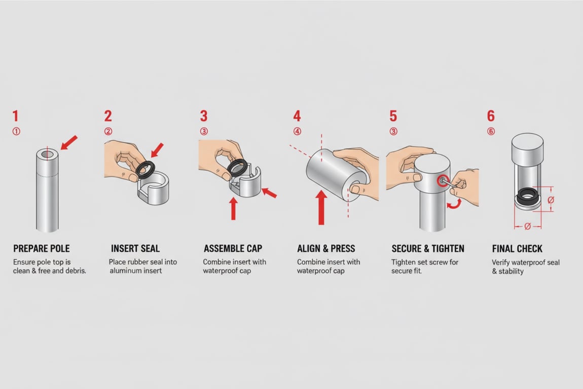 Four-step flag cap installation process: clean pole top, check cap size fit, apply compression seal, verify waterproof seal. No tools required. Takes 30 seconds per cap. Works with aluminum, plastic steel, and rubber seal caps on 15-80mm diameter flagpoles.