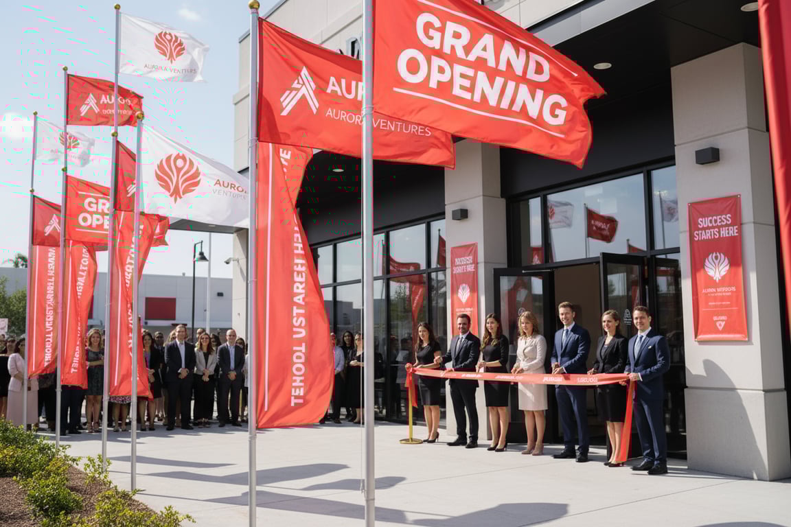Grand opening flags and store launch banners for retail businesses, restaurants, and new business openings
