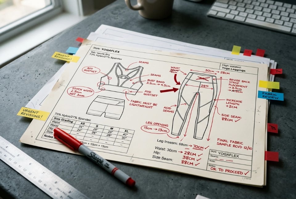 Engineer red-pen annotated tech-pack PDF page showing round 1, round 2, and round 3 revision marks layered