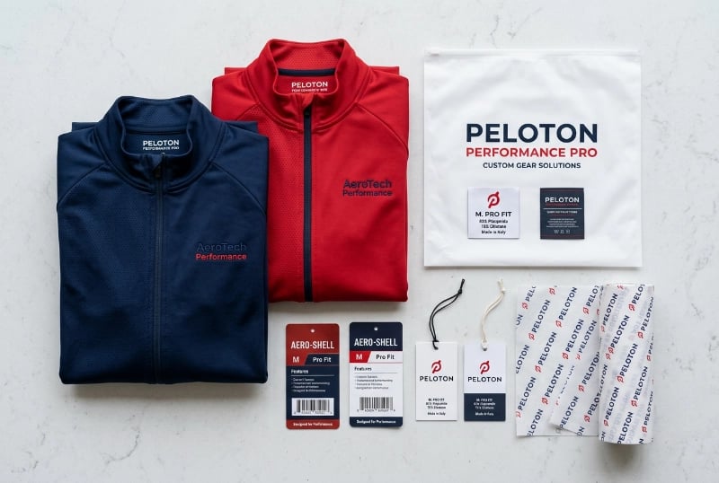Private-label branded packaging, woven labels and hang tags for cycling jacket