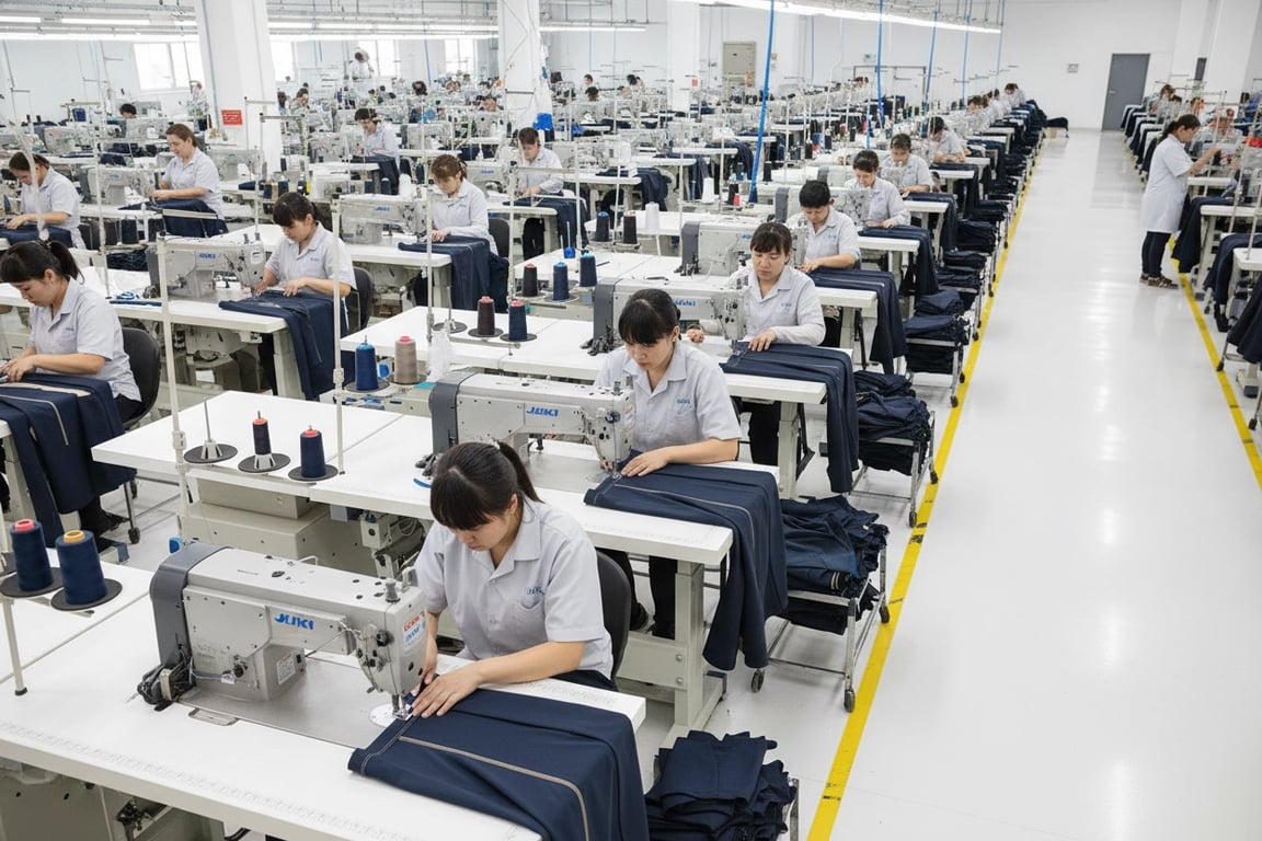 JUKI sewing production line for bulk riding breeches and jodhpurs manufacturing