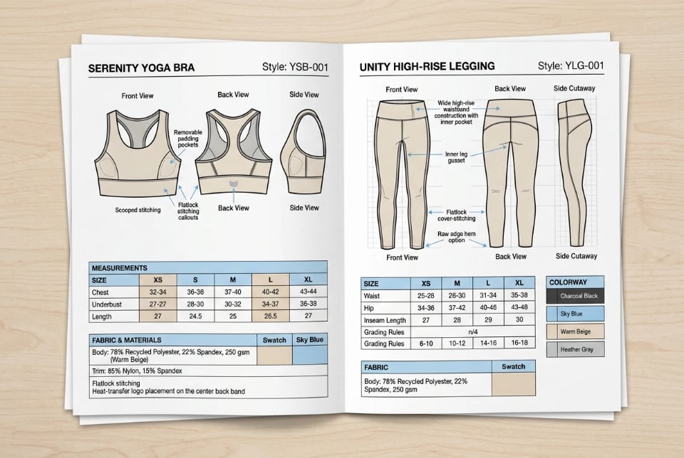 Yoga apparel tech-pack PDF screenshot with multi-view technical drawing and spec table &mdash; OEM intake stage two