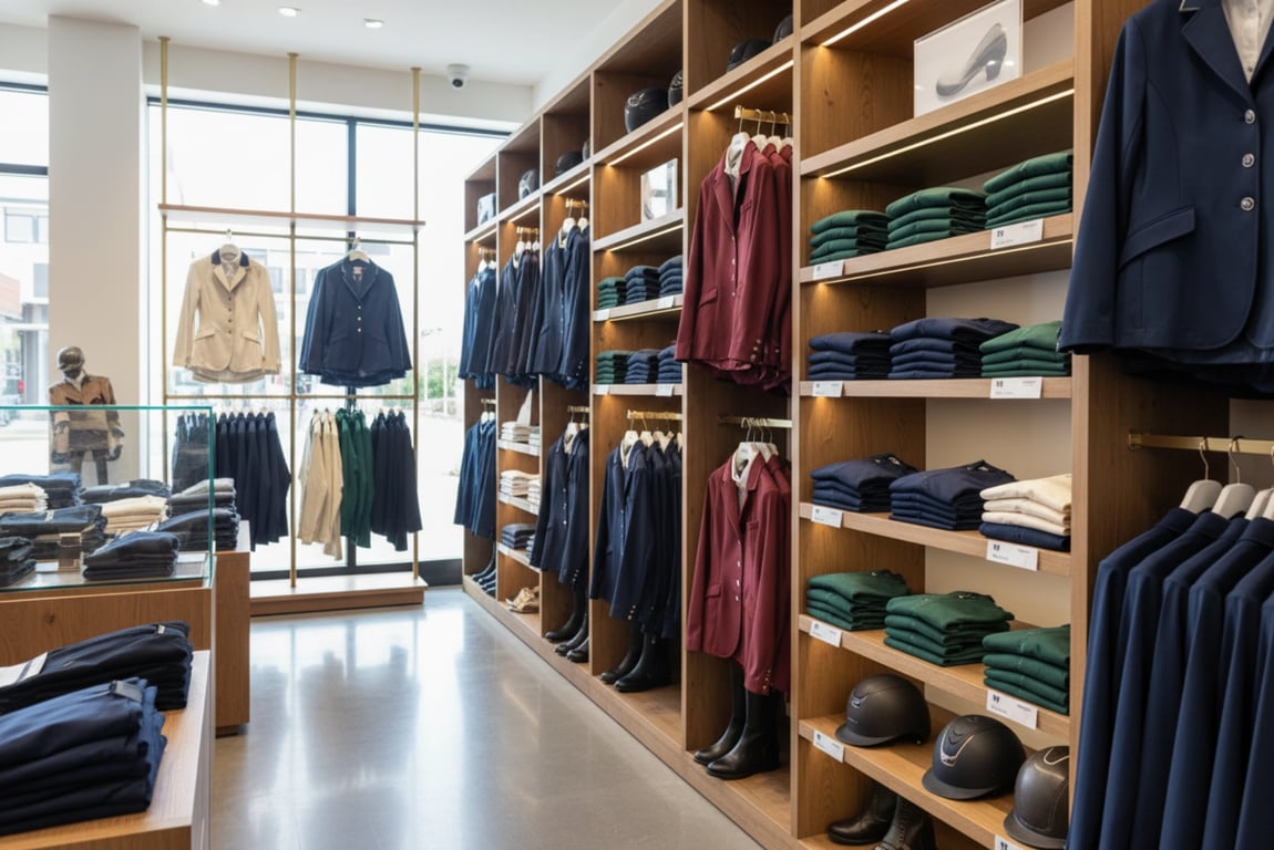 Retail store shelf displaying private label equestrian apparel