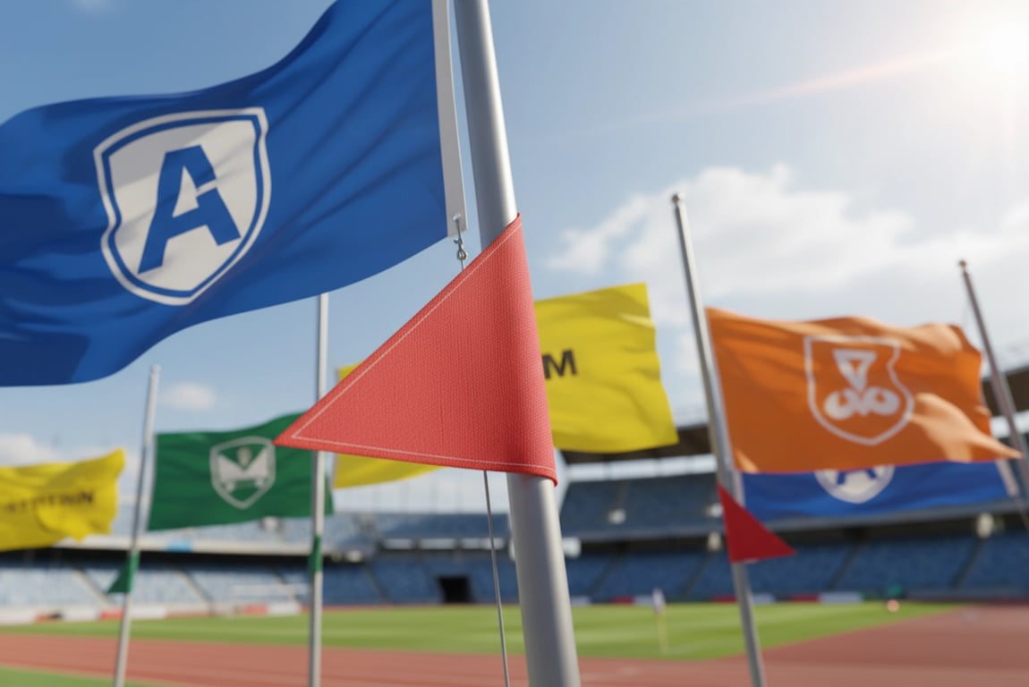 Olympic-grade sports event flags featuring professional corner patches with zero failure rate across 5000+ units used in international competitions demonstrating superior durability in stadium conditions