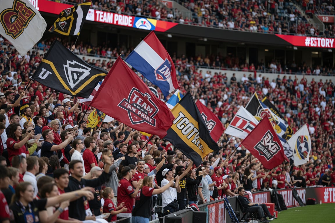 Hand waving fan flags for stadium crowds, sports supporters, and game day fan engagement at sporting events