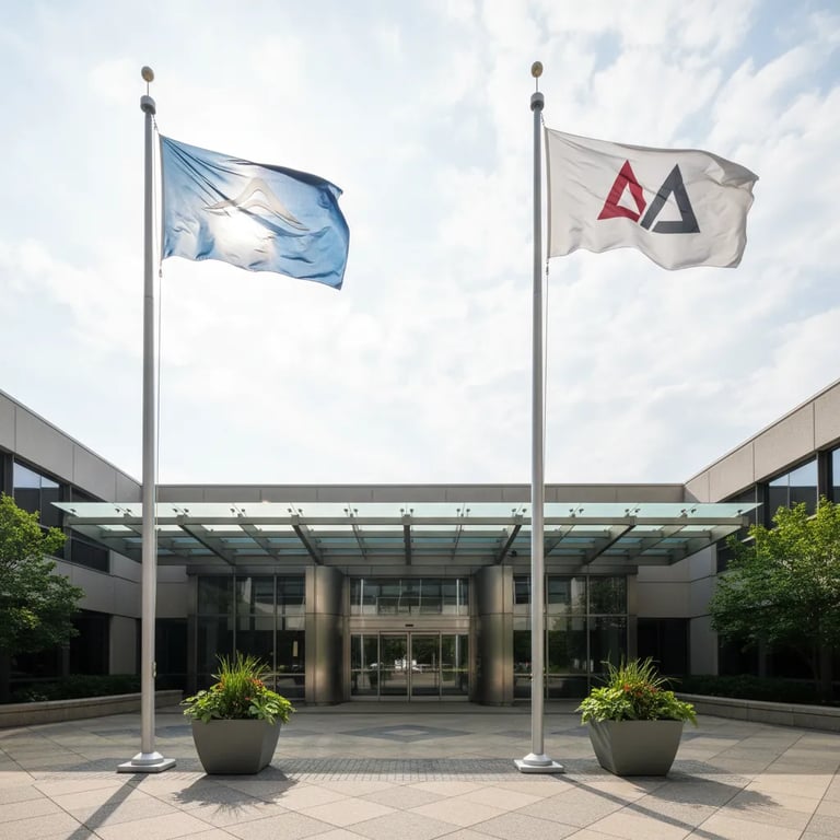 Side by side comparison of single-sided and double-sided corporate flags at a building entrance