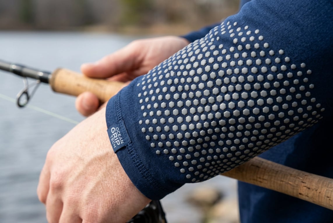 Silicone anti-slip grip print technology on fishing apparel sleeves