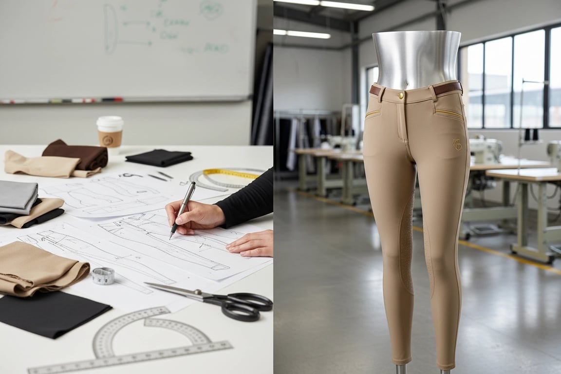 Custom equestrian apparel design process showing sketch to finished riding breeches at our B2B factory