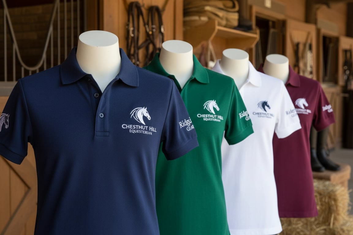 US riding school horse polo shirts with custom sponsor logos