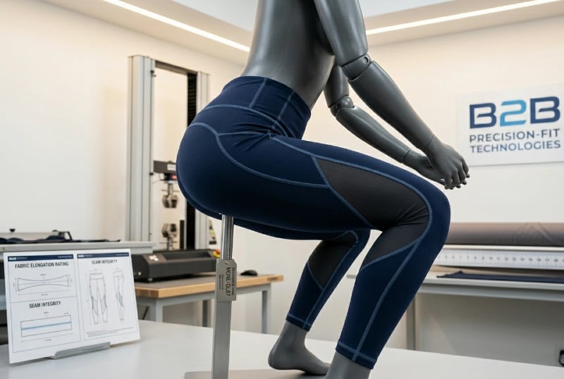 Fit engineer mannequin checkpoint &mdash; yoga legging on flexible test mannequin in squat-test position