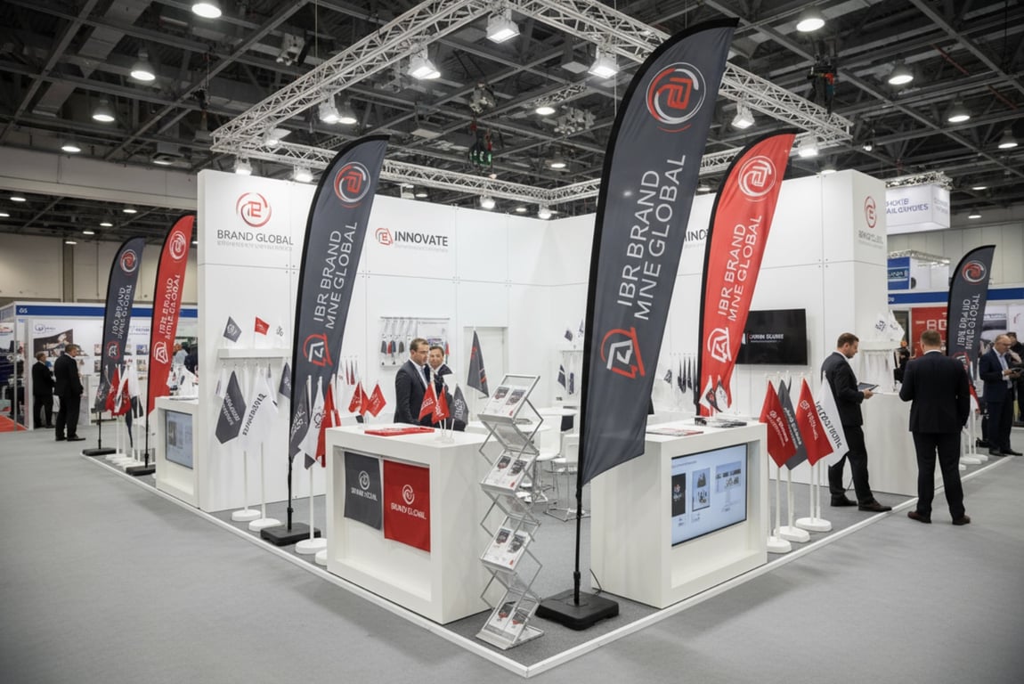 Exhibition booth flag setup - 2-5m height flags with interchangeable bases for convention centers