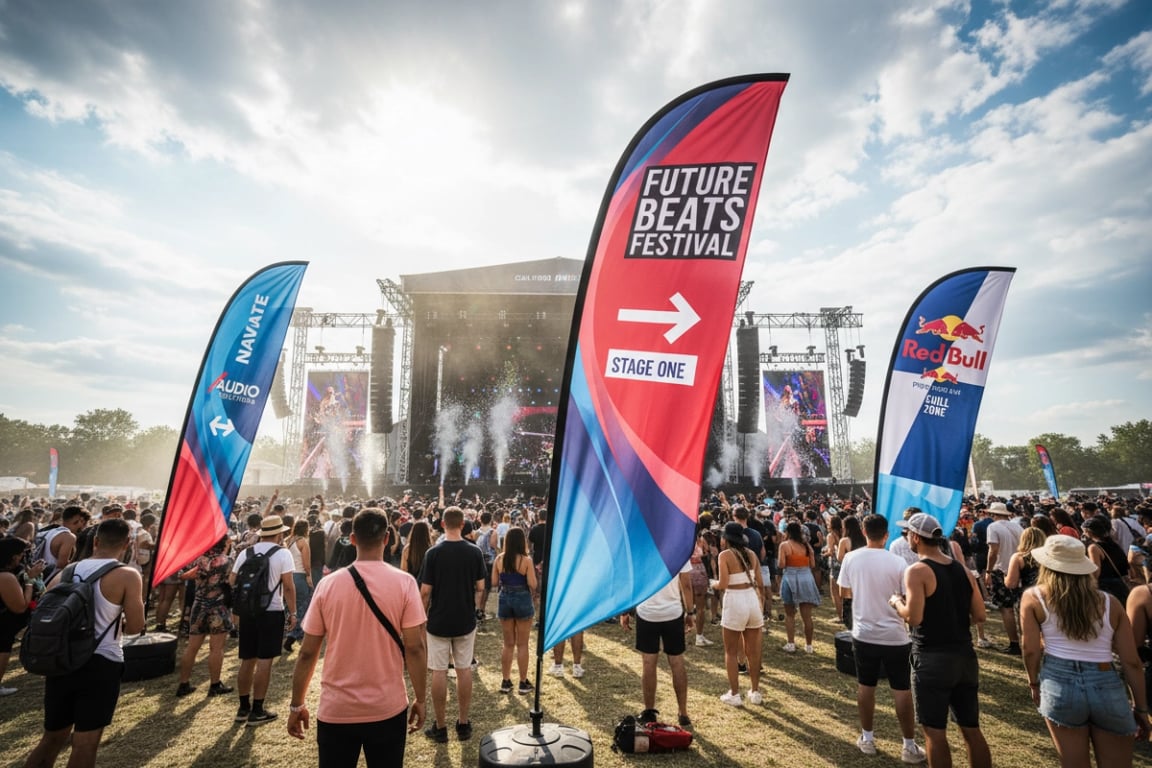 Weather-proof teardrop flags at outdoor music festival providing directional signage and sponsor visibility for large crowds