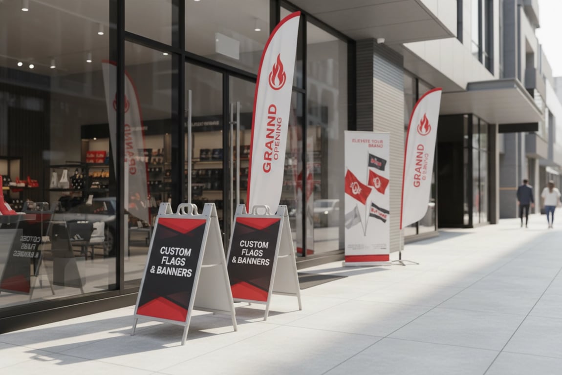Retail store entrance with A-frame signs and promotional displays