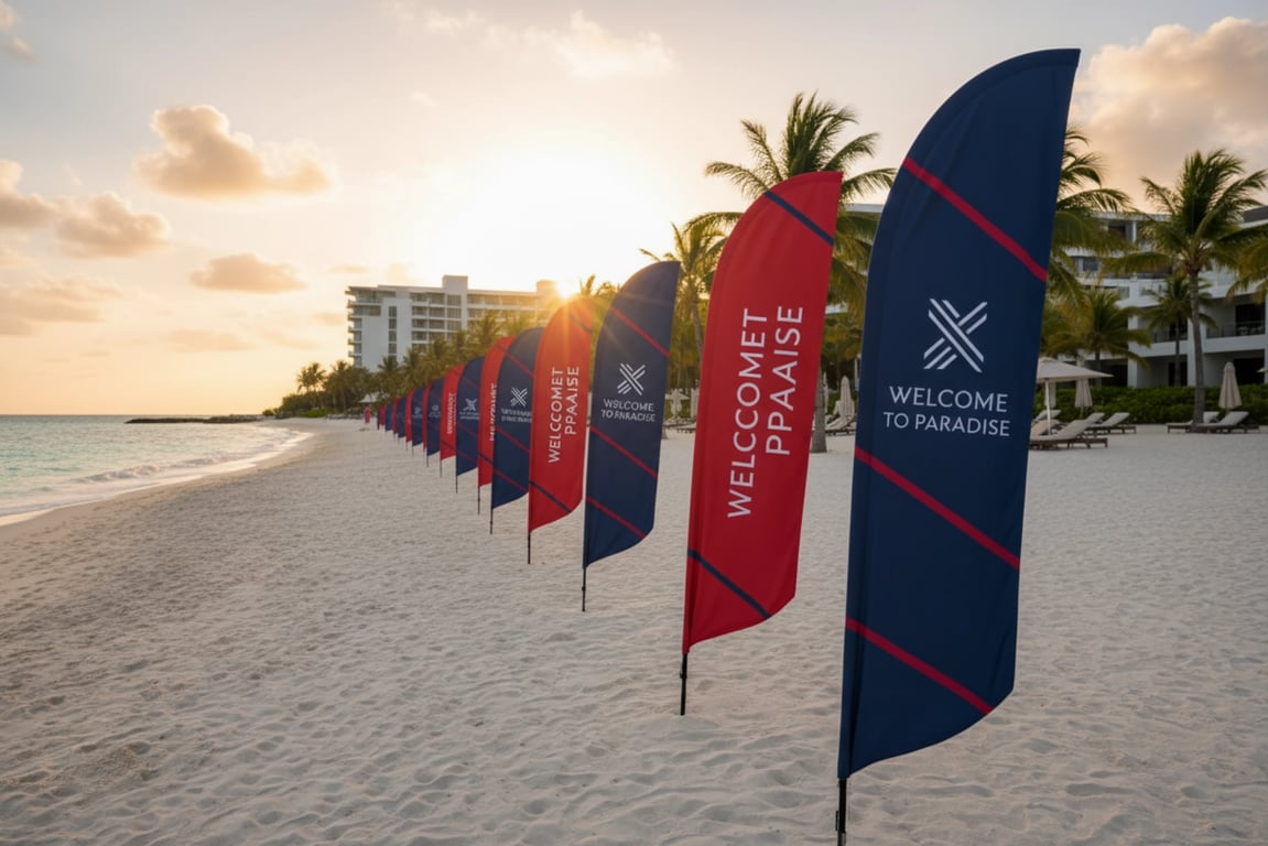 44 teardrop and rectangle resort flags for 200-meter beachfront branding, 11ft boundary markers every 15 meters, marine-grade UV coating, bilingual wayfinding, salt-resistant hardware for coastal hotel visibility