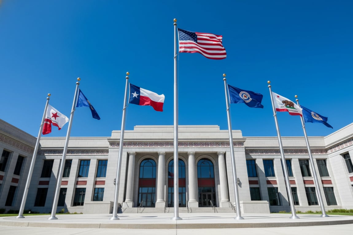 Government flag pole installation at Washington DC memorial plaza featuring 50 custom 12-meter aviation aluminum poles with automated electric lifting systems and integrated LED uplighting, 10 years maintenance-free operation