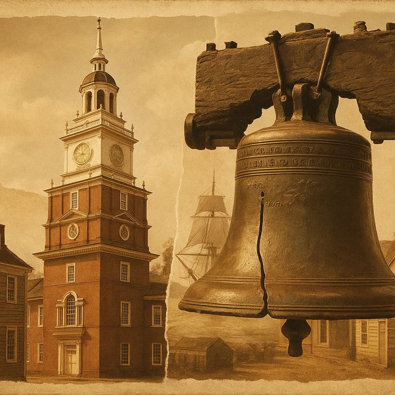 Iconic American historical landmarks including Independence Hall and Liberty Bell