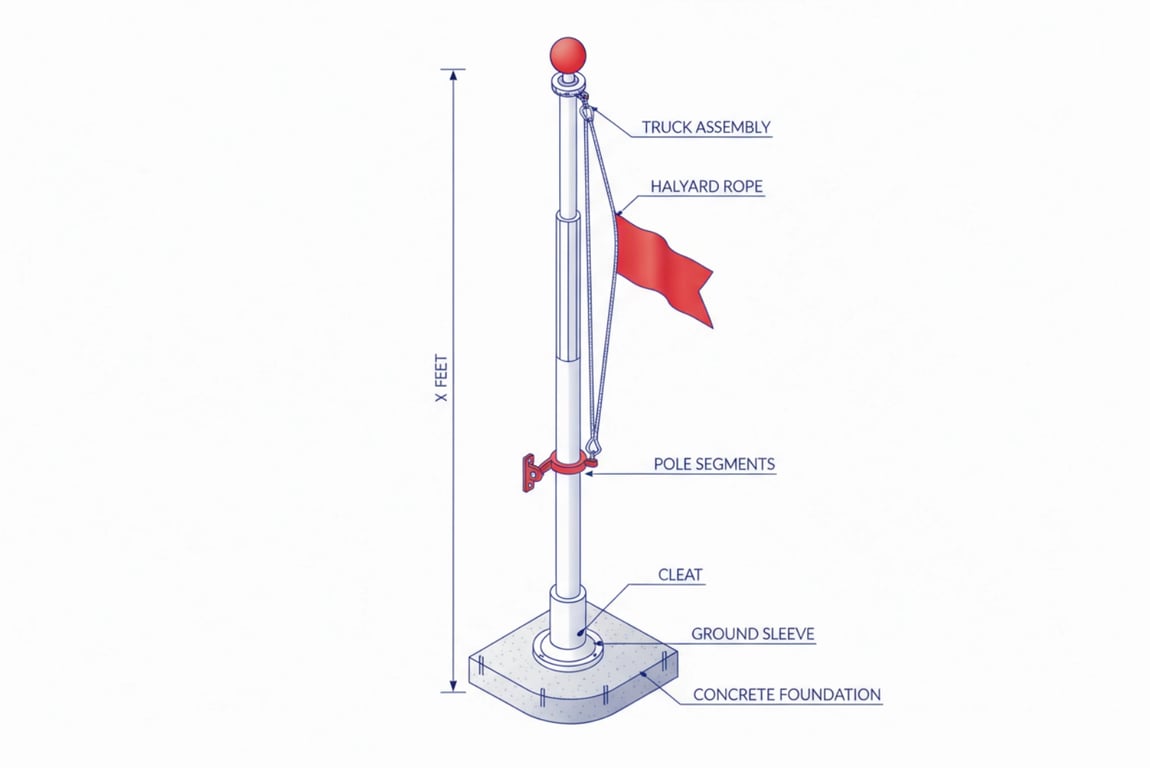 Professional flag pole connection structure diagram showing 8-thread precision locking system, internal steel sleeve reinforcement, anti-loosening dual-lock mechanism, and CNC-machined seamless joints