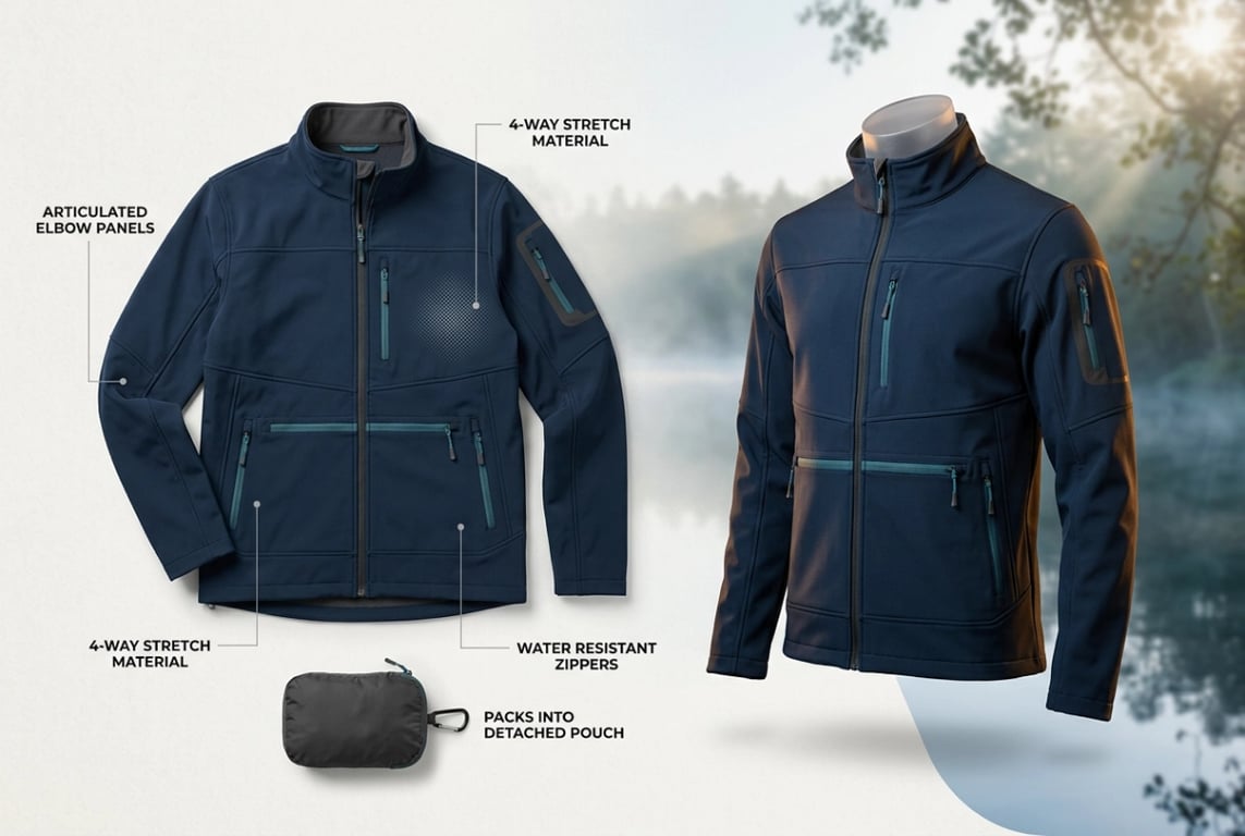 Softshell Fishing Jacket - 4-Way Stretch Packable Design