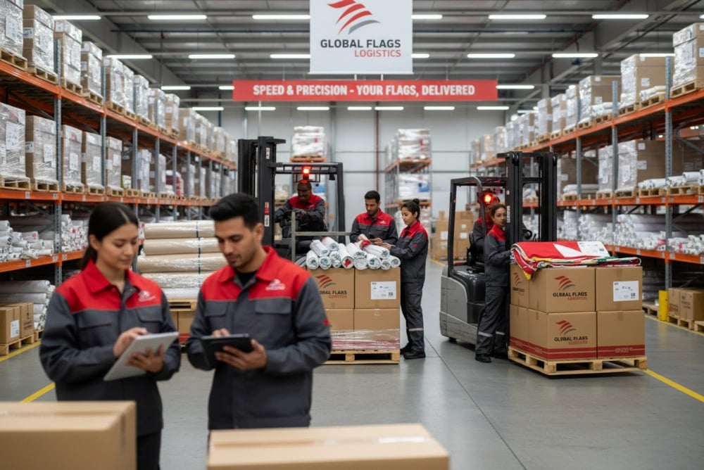 Logistics team managing flag order packaging and international shipping operations