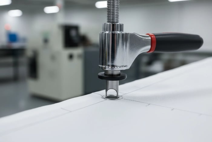 Step 1 - Precise hole punching: Using professional grommet punch tool to create clean hole at marked position on flag fabric, ensuring accurate diameter and preventing uneven stress distribution for custom flag durability