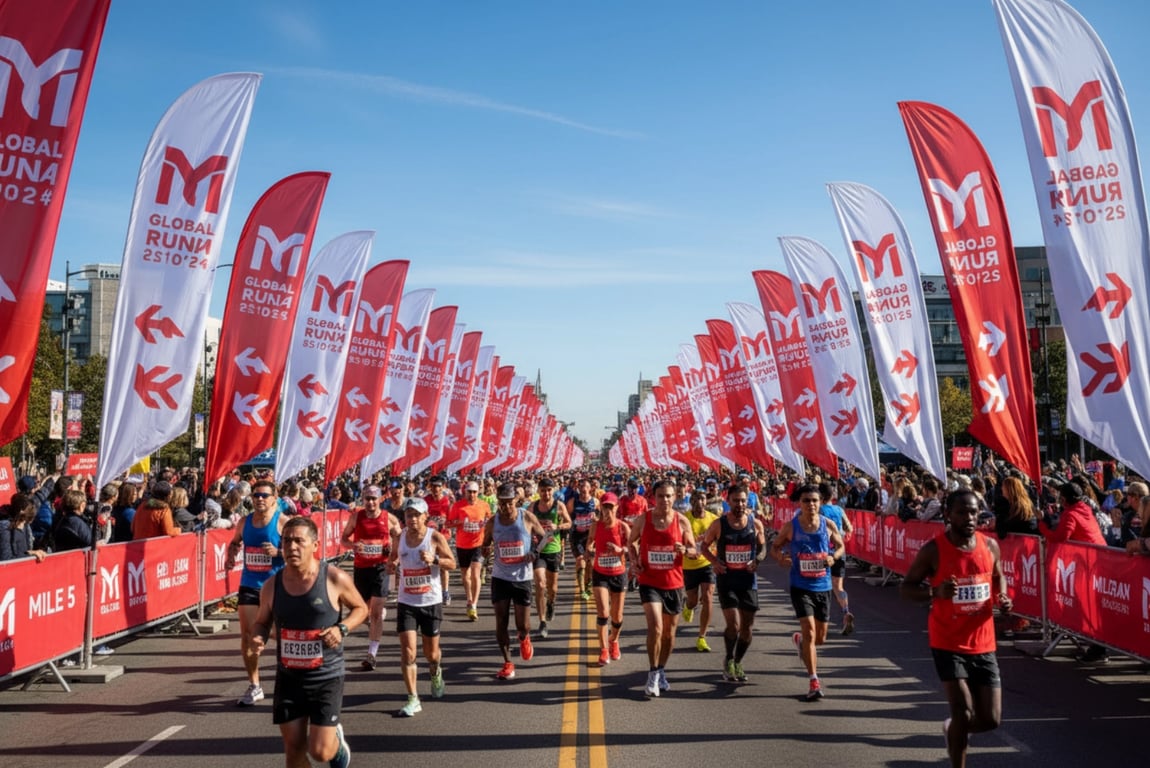 Marathon route custom flags - 10,000 waterproof flags across 42km race course for 25,000 runners