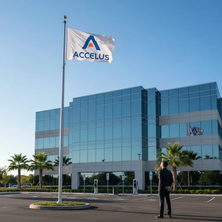 Corporate flag on a tall flagpole outside a modern office building demonstrating viewing distance for brand visibility